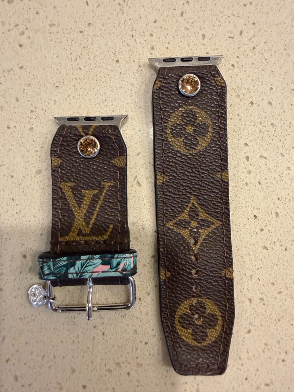 Louis Vuitton Monogram Brown Leather Watch Strap with Green Floral Keeper